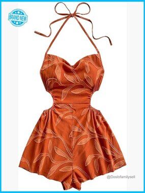 Boho Cut Out Backless Halter Romper Shirred Wide Leg Jumpsuit